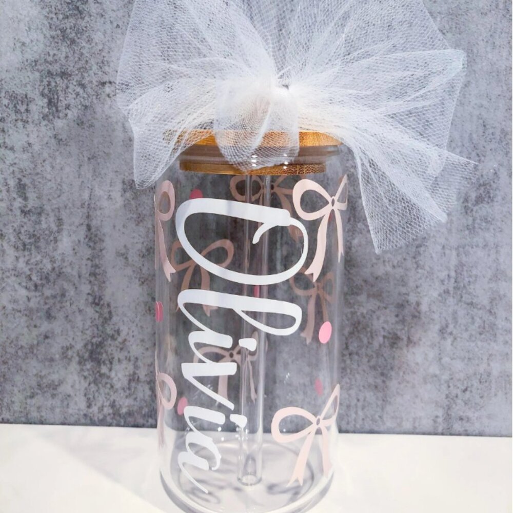 Personalized Coquette Bow Glass Tumbler 16oz with Bamboo Lid and Glass Straw